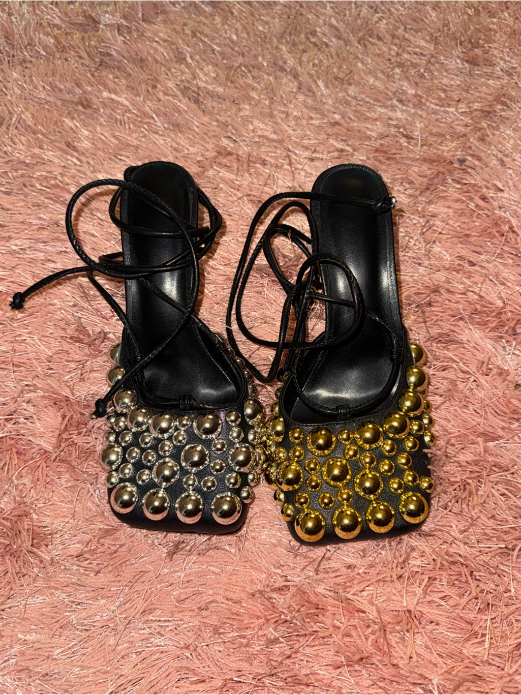 Studded Metallic Bead Lace-Up Sandals - Black With Silver & Gold Beads